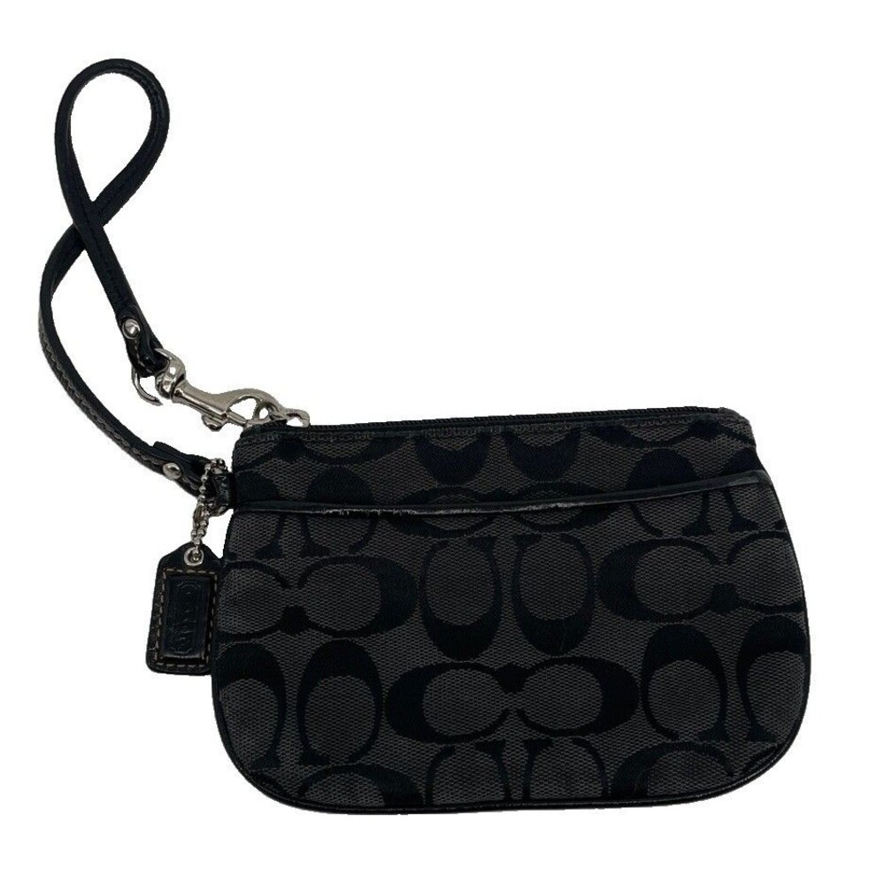 Vintage Coach Signature Black Gray Jacquard Wristlet Zip Leather Strap Y2K